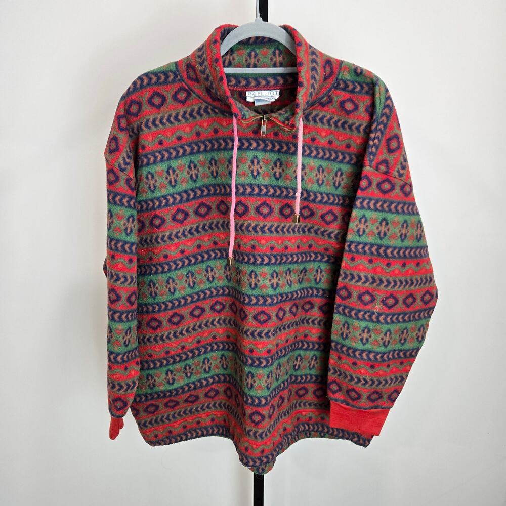 Vintage 90 Southwestern PK Elliot Sport Fleece Zip Sweater Red Green Aztec Print